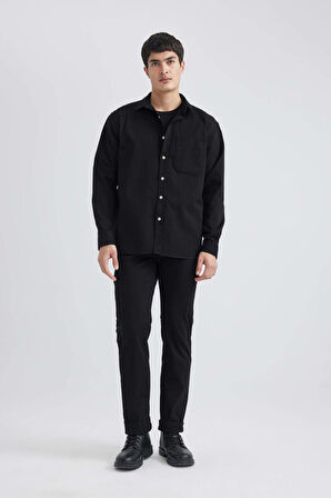 DeFacto Relax Fit Polo Yaka Gabardin Uzun Kollu Gömlek C1477AX24SPBK81
