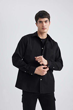 DeFacto Relax Fit Polo Yaka Gabardin Uzun Kollu Gömlek C1477AX24SPBK81