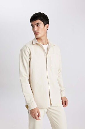 DeFacto Relax Fit Polo Yaka Basic Düz Gabardin Uzun Kollu Gömlek C1477AX24SPBG74