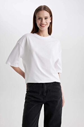 DeFacto Oversize Geniş Kalıp Bisiklet Yaka Penye Basic Düz Kısa Kollu Tişört C0099AX24SMWT34