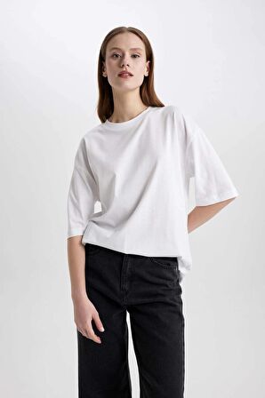 DeFacto Oversize Geniş Kalıp Bisiklet Yaka Penye Basic Düz Kısa Kollu Tişört C0099AX24SMWT34