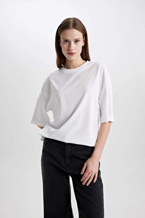 DeFacto Oversize Geniş Kalıp Bisiklet Yaka Penye Basic Düz Kısa Kollu Tişört C0099AX24SMWT34