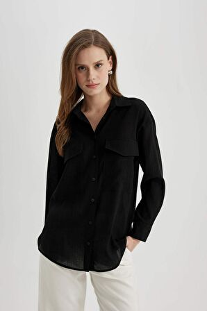 DeFacto Oversize Fit Cep Detaylı Krinkıl Kumaş Uzun Kollu Gömlek C3165AX24SPBK81