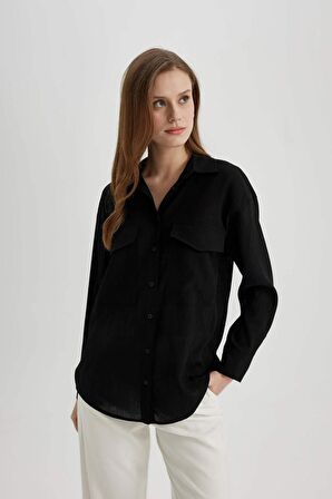 DeFacto Oversize Fit Cep Detaylı Krinkıl Kumaş Uzun Kollu Gömlek C3165AX24SPBK81