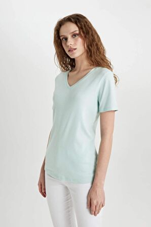 DeFacto Slim Fit Dar Kesim V Yaka Ribana Basic Düz Kısa Kollu Tişört I1080AZ24SMTR261