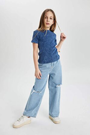 DeFacto Kız Çocuk Slim Fit Dar Kesim Bisiklet Yaka Fitilli Kaşkorse Kısa Kollu Tişört C3187A824SMBE341