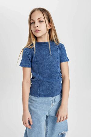 DeFacto Kız Çocuk Slim Fit Dar Kesim Bisiklet Yaka Fitilli Kaşkorse Kısa Kollu Tişört C3187A824SMBE341