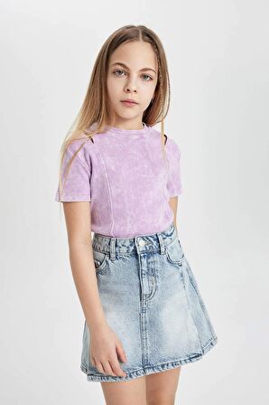 DeFacto Kız Çocuk Slim Fit Dar Kesim Bisiklet Yaka Fitilli Kaşkorse Kısa Kollu Tişört C3187A824SMPR61