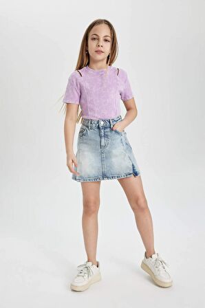 DeFacto Kız Çocuk Slim Fit Dar Kesim Bisiklet Yaka Fitilli Kaşkorse Kısa Kollu Tişört C3187A824SMPR61