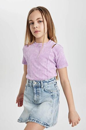 DeFacto Kız Çocuk Slim Fit Dar Kesim Bisiklet Yaka Fitilli Kaşkorse Kısa Kollu Tişört C3187A824SMPR61