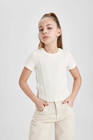 DeFacto Kız Çocuk Slim Fit Dar Kesim Bisiklet Yaka Ribana Kısa Kollu Tişört C0104A824SMER136