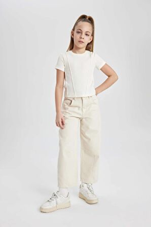 DeFacto Kız Çocuk Slim Fit Dar Kesim Bisiklet Yaka Ribana Kısa Kollu Tişört C0104A824SMER136