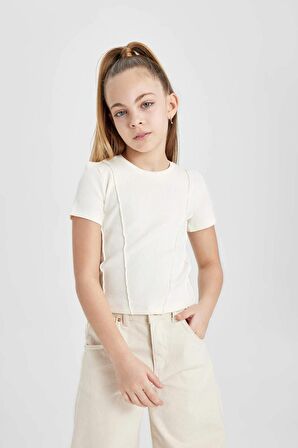 DeFacto Kız Çocuk Slim Fit Dar Kesim Bisiklet Yaka Ribana Kısa Kollu Tişört C0104A824SMER136
