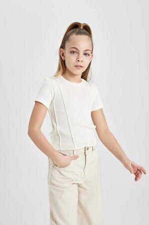 DeFacto Kız Çocuk Slim Fit Dar Kesim Bisiklet Yaka Ribana Kısa Kollu Tişört C0104A824SMER136
