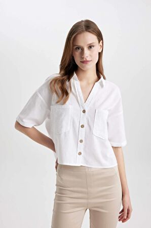 DeFacto Boxy Fit Keten Karışımlı Kısa Kollu Gömlek V2523AZ24SMWT34