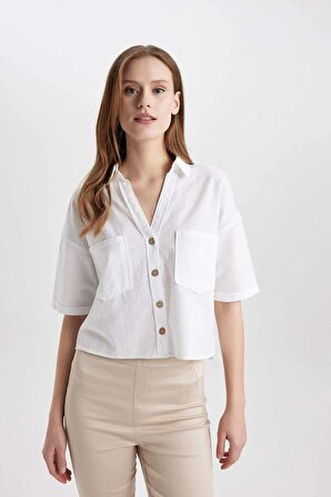 DeFacto Boxy Fit Keten Karışımlı Kısa Kollu Gömlek V2523AZ24SMWT34