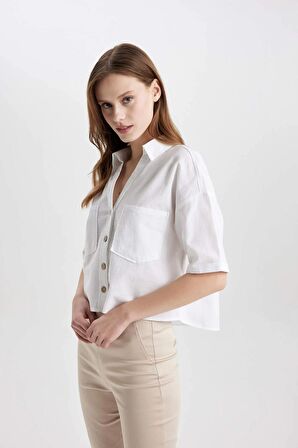 DeFacto Boxy Fit Keten Karışımlı Kısa Kollu Gömlek V2523AZ24SMWT34