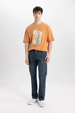 DeFacto Comfort Fit Bisiklet Yaka Baskılı Yıkamalı Soluk Efektli Kısa Kollu Tişört B8493AX24SMOG169