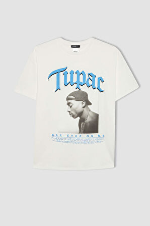 DeFacto Unisex Coool Tupac Shakur Oversize Geniş Kalıp Bisiklet Yaka Kısa Kollu Tişört C3801AX24SMWT32