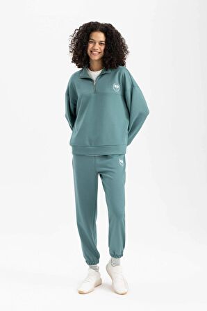 DeFactoFit Oversize Geniş Kalıp Fermuarlı Dik Yaka Baskılı Sporcu Sweatshirt B4572AX24SPGN1191