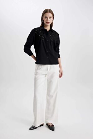 DeFacto Oversize Geniş Kalıp Delikli Poplin Uzun Kollu Siyah Gömlek C0061AX24SPBK81