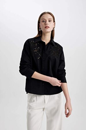 DeFacto Oversize Geniş Kalıp Delikli Poplin Uzun Kollu Siyah Gömlek C0061AX24SPBK81