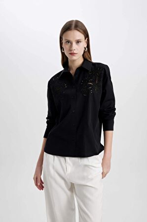 DeFacto Oversize Geniş Kalıp Delikli Poplin Uzun Kollu Siyah Gömlek C0061AX24SPBK81