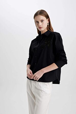 DeFacto Oversize Geniş Kalıp Delikli Poplin Uzun Kollu Siyah Gömlek C0061AX24SPBK81