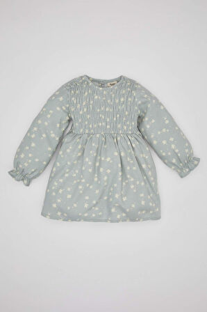 Kız Bebek Çiçekli Uzun Kollu Twill Elbise