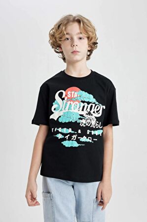 DeFacto Erkek Çocuk Oversize Fit Bisiklet Yaka Baskılı Kısa Kollu Tişört C3167A824SMBK81