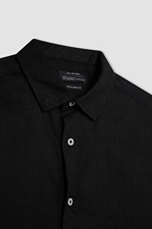 DeFacto %100 Keten Regular Fit Polo Yaka Yazlık Basic Düz Uzun Kollu Gömlek C1825AX24SMBK27