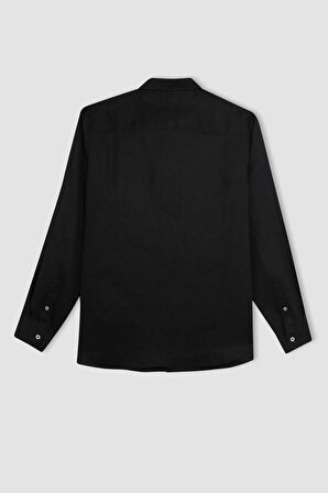 DeFacto %100 Keten Regular Fit Polo Yaka Yazlık Basic Düz Uzun Kollu Gömlek C1825AX24SMBK27