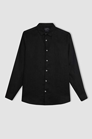 DeFacto %100 Keten Regular Fit Polo Yaka Yazlık Basic Düz Uzun Kollu Gömlek C1825AX24SMBK27