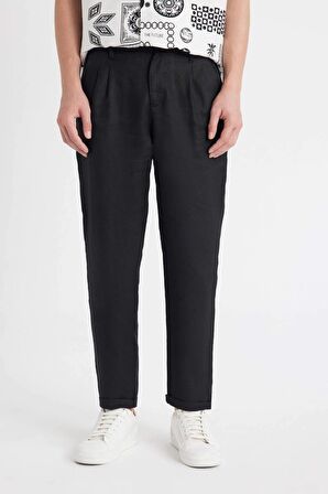 DeFacto Normal Kesim Crop Keten Yazlık Kumaş Pantolon Duble Paça Cepli C1826AX24SMBK27
