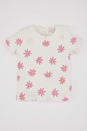 Kız Bebek Dantel Yaka Çiçekli Fitilli Kaşkorse Kısa Kollu Tişört