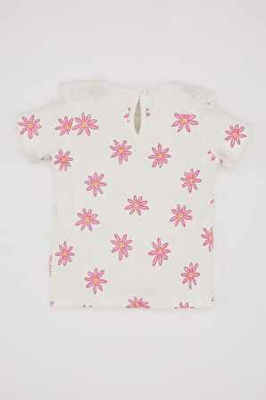 Kız Bebek Dantel Yaka Çiçekli Fitilli Kaşkorse Kısa Kollu Tişört