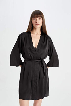 Regular Fit Wrap Yaka Saten Yarım Kol Sabahlık-Fall in Love