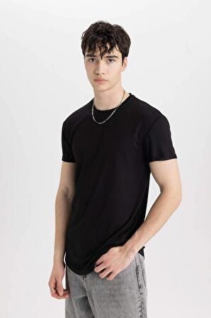 DeFacto Long Muscle Fit Bisiklet Yaka Basic Düz Kısa Kollu Siyah Tişört N2104AZ24SPBK81