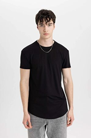 DeFacto Long Muscle Fit Bisiklet Yaka Basic Düz Kısa Kollu Siyah Tişört N2104AZ24SPBK81