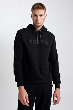 DeFacto Regular Fit Kalın Kapüşonlu Yazı Baskılı İçi Yumuşak Tüylü Sweatshirt L5850AZ23AUBK81