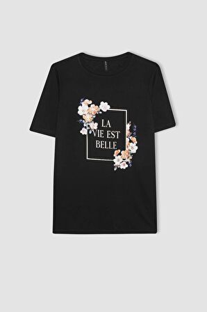 DeFacto Regular Fit Bisiklet Yaka Çiçekli Kısa Kollu Tişört C2107AX24SPBK81