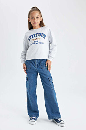 DeFacto Kız Çocuk Crop Bisiklet Yaka Sweatshirt B3708A823AUGR156