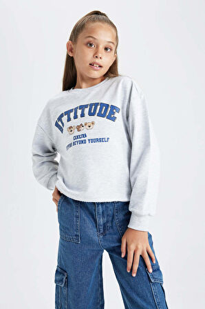 DeFacto Kız Çocuk Crop Bisiklet Yaka Sweatshirt B3708A823AUGR156