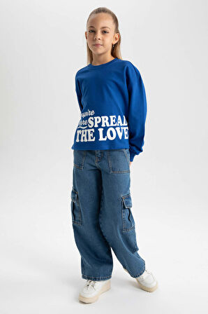 DeFacto Kız Çocuk Crop Bisiklet Yaka Sweatshirt B3708A823AUBE169