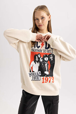 DeFacto Coool AC/DC Oversize Geniş Kalıp Bisiklet Yaka Sırt Baskılı Kalın Sweatshirt B3009AX23WNER42