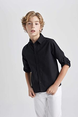 DeFacto Erkek Çocuk 23 Nisan Çocuk Bayramı Polo Yaka Siyah Basic Düz Uzun Kollu Gömlek W3236A624SMBK27