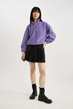 DeFacto Coool Oversize Fermuarlı Dik Yaka Basic Düz Pelüş Sweatshirt B9836AX23WNPR262