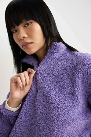 DeFacto Coool Oversize Fermuarlı Dik Yaka Basic Düz Pelüş Sweatshirt B9836AX23WNPR262