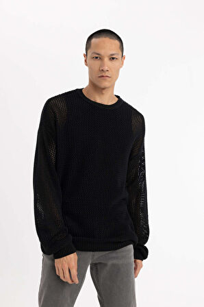DeFacto Regular Fit Bisiklet Yaka Kroşe Delikli Triko Sweatshirt C0013AX23WNBK81