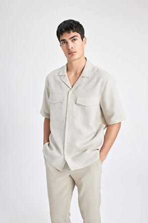 DeFacto Relax Fit Polo Yaka Keten Basic Düz Kısa Kollu Gömlek B6687AX24SPBG74